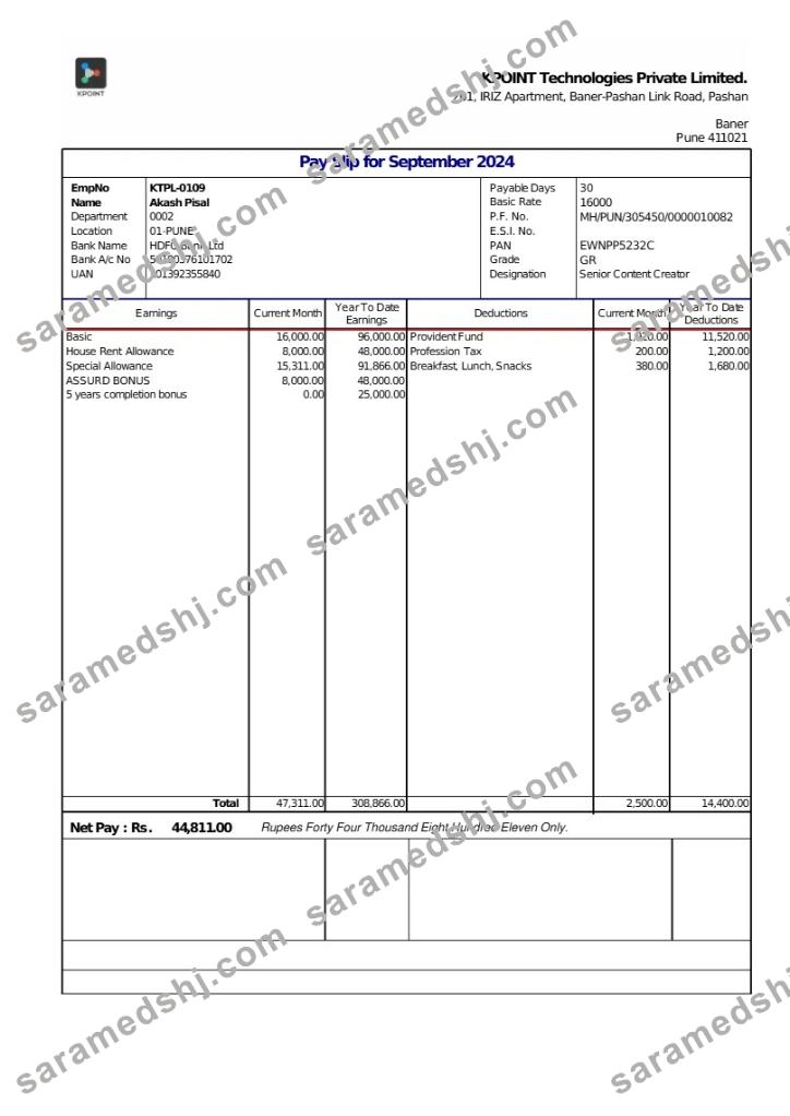 KPOINT Technologies payslip template in Word and PDF formats.pdf, 1